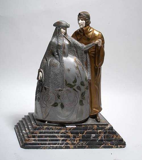 Appraisal: BRONZE AND IVORY SCULPTURE OF A LADY WITH KNIGHT ca