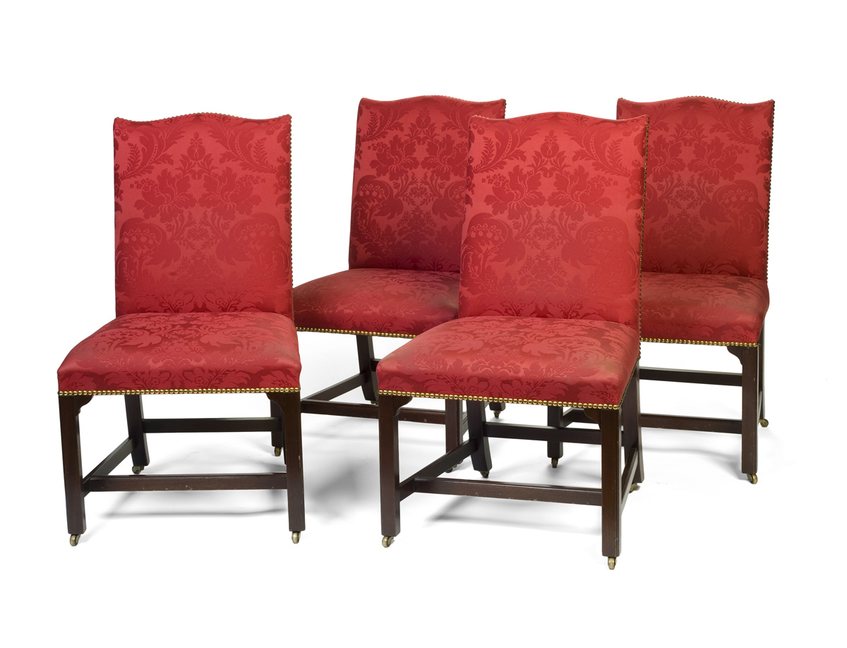 Appraisal: SET OF FOUR CHIPPENDALE STYLE MAHOGANY BACKSTOOLS WITH RED DAMASK