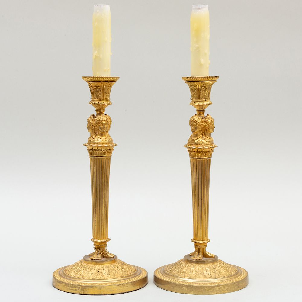 Appraisal: Pair of Louis XVI Style Candlesticks Mounted as Lamps The