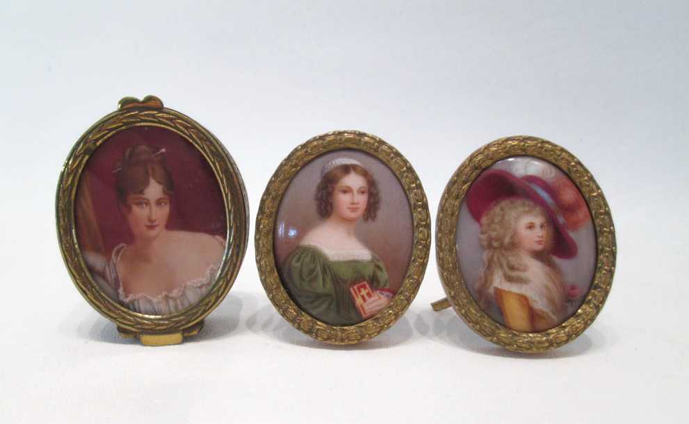 Appraisal: THREE CONTINENTAL PORTRAIT MINIATURES including a lidded pill-box and two