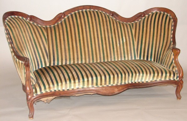 Appraisal: Laminated Rosewood simple scroll design green stripped upholstery c x