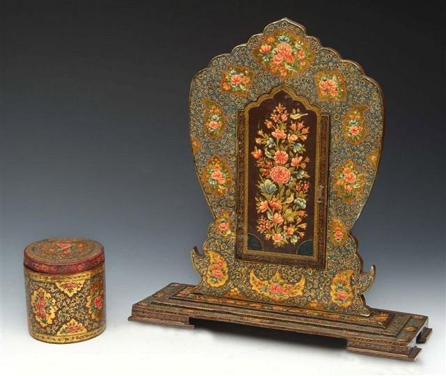 Appraisal: AN INDIAN OR PERSIAN DECORATIVE PAINTED DRESSING MIRROR in two