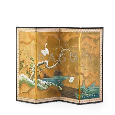 Appraisal: CHINESE FOUR PANEL SCREEN Riverscape with birds th c x