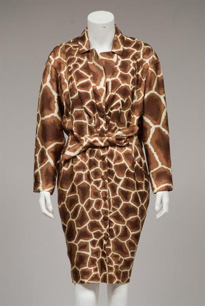 Appraisal: Thierry Mugler silk twill giraffe-print shirt dress s With narrow