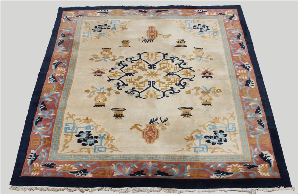 Appraisal: LARGE INDIAN CHINESE DESIGN CARVED WOOL RUG designs on an