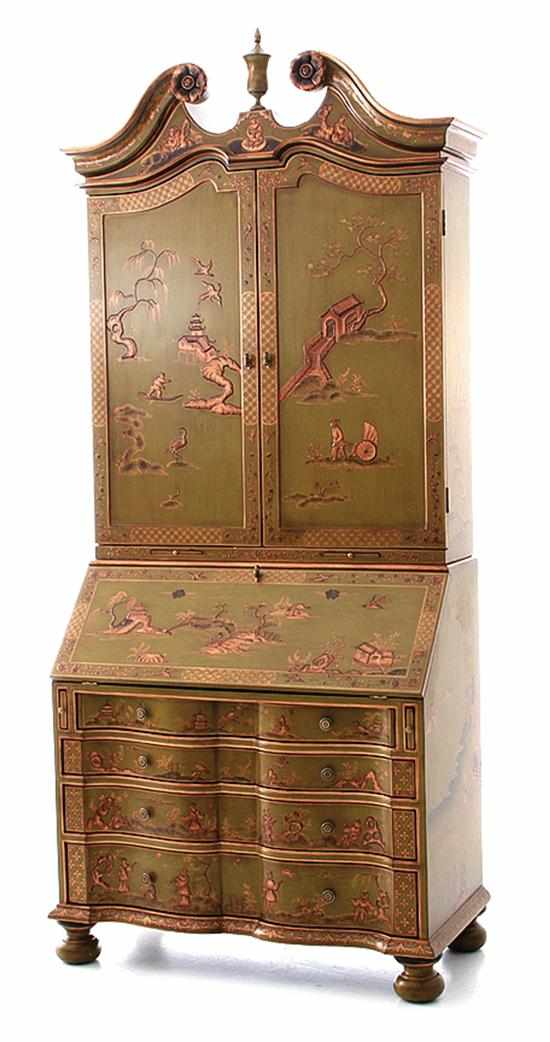 Appraisal: Queen Anne style Chinoiserie desk and bookcase broken-arch pediment encompassing