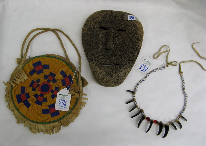 Appraisal: BONE MASK BEADED PURSE AND BEAR CLAW NECKLACE pieces The