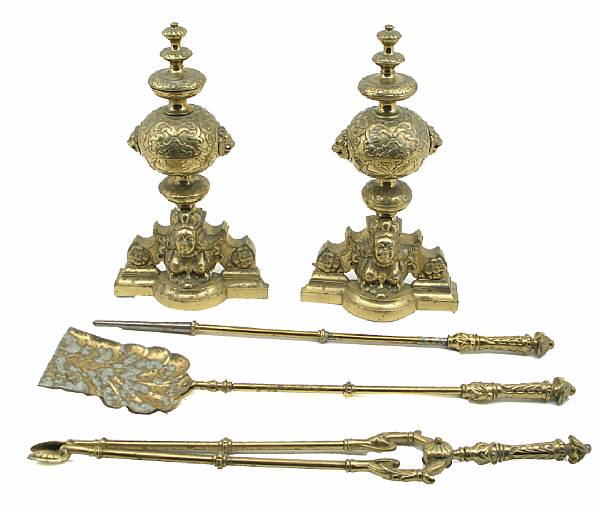 Appraisal: A pair of Dutch Baroque style brass andirons together with