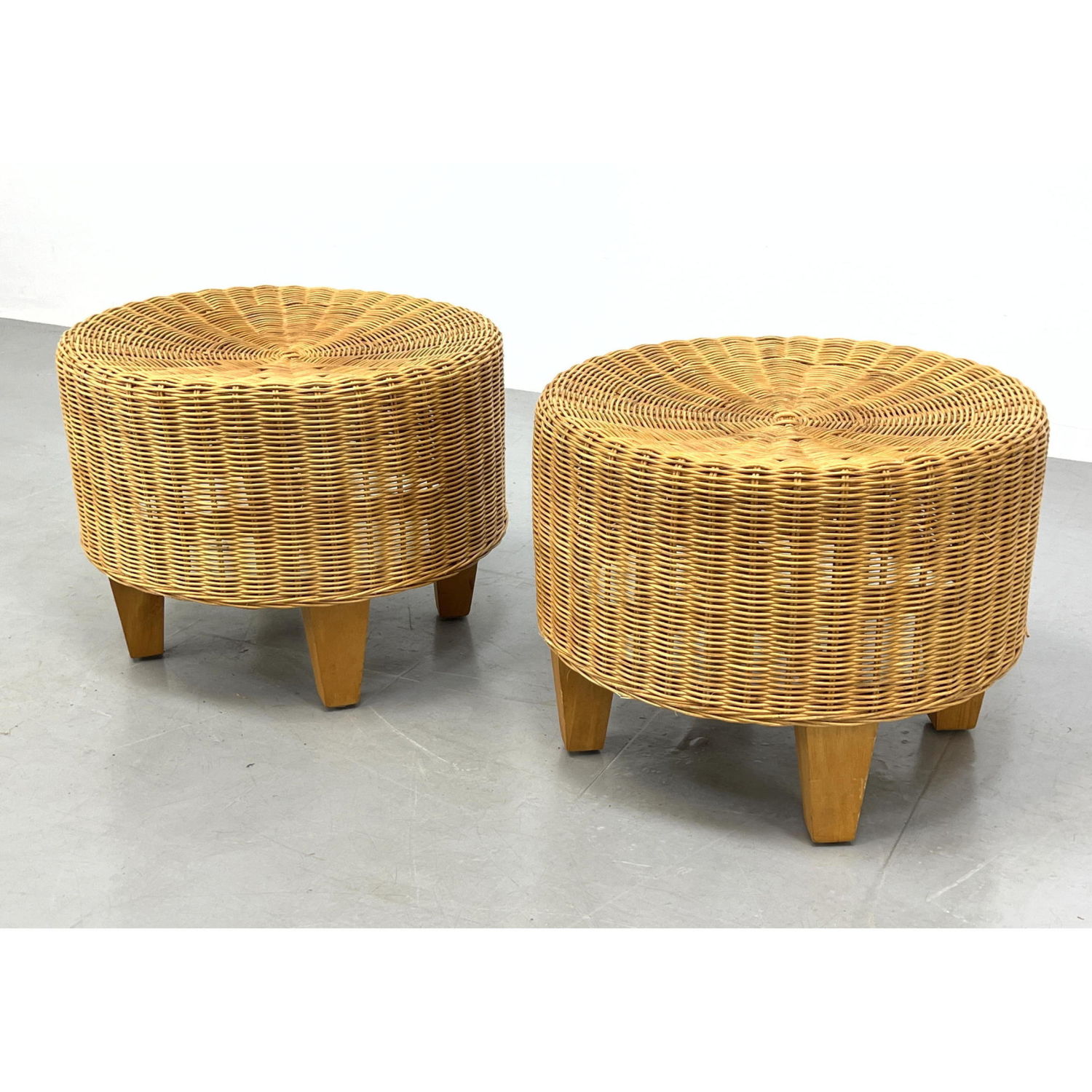 Appraisal: Pr Woven Rattan Stools Ottoman Wood Legs Dimensions H inches