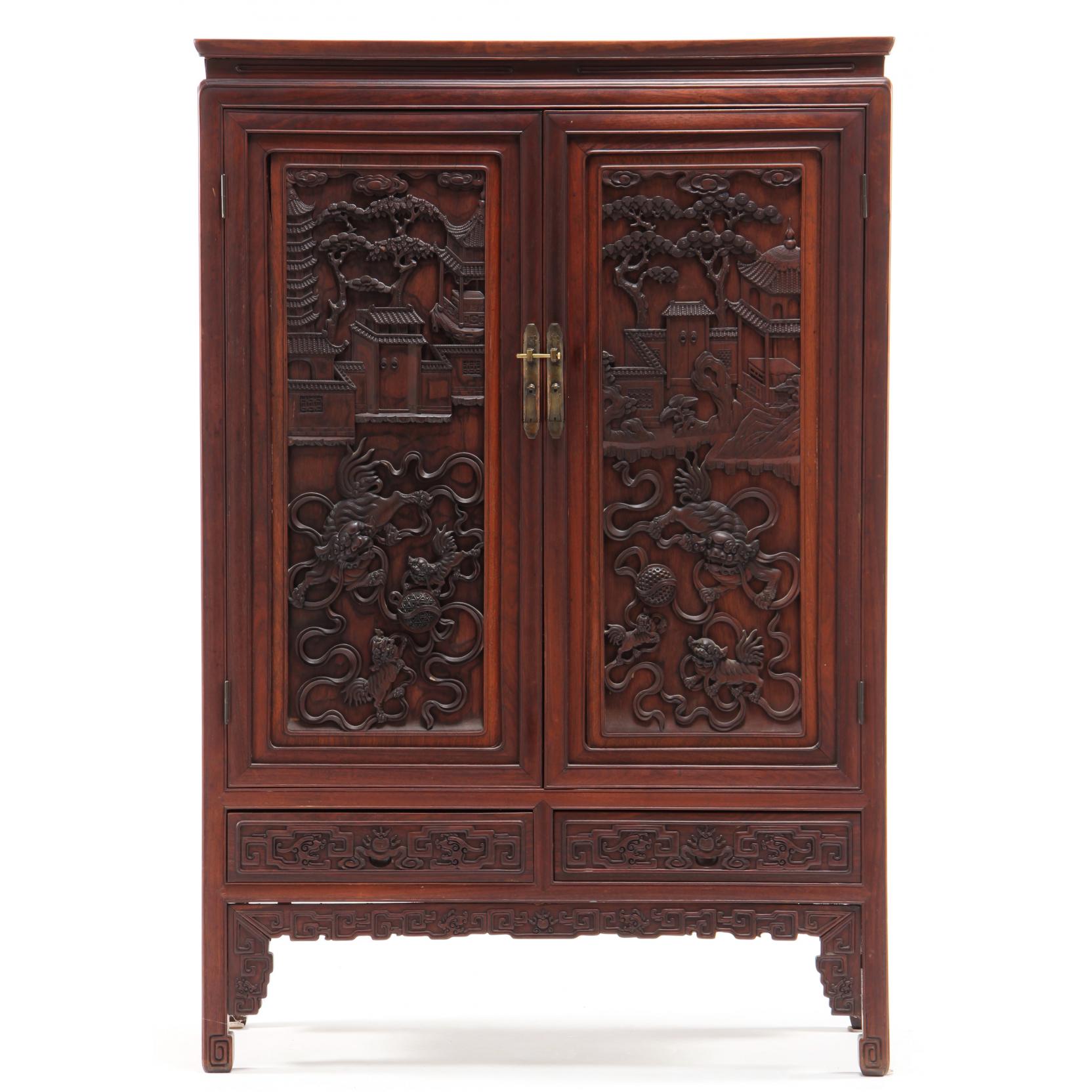 Appraisal: Chinese Carved Hardwood Cabinet early to mid th century one-piece