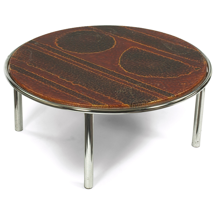 Appraisal: s coffee table round top rust brown and yellow