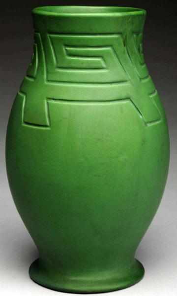 Appraisal: Owens Arts Crafts Matte Green Carved Vase Small restoration to