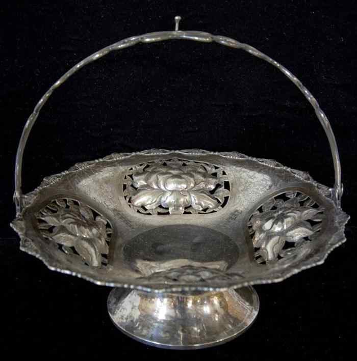 Appraisal: CHINESE EXPORT SILVER SWING-HANDLED CAKE BASKET late th century fully