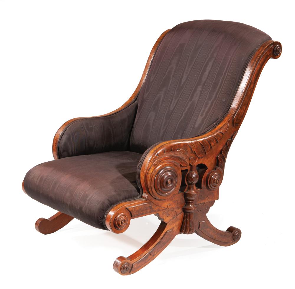 Appraisal: American Aesthetic Burl Walnut Armchair late th c scrolled back