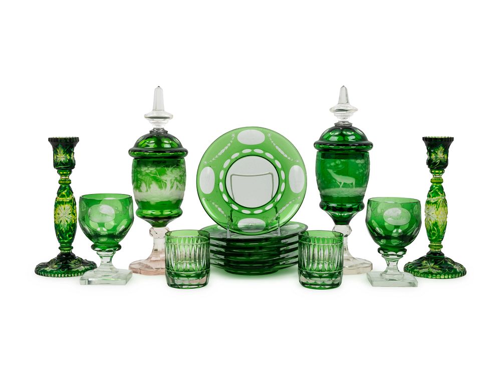 Appraisal: A Group of Bohemian Green Cut-to-Clear Glass Table Articles A