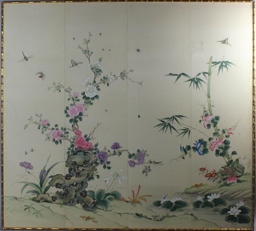 Appraisal: CHINOISERIE FRAMED WALLPAPER PANEL formed of a partial roll depicting