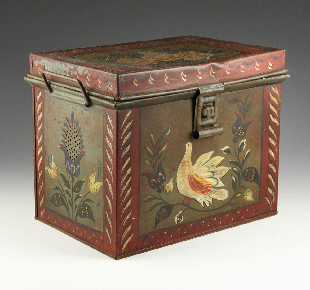 Appraisal: - Toleware Tin Box Toleware tin box with bird x