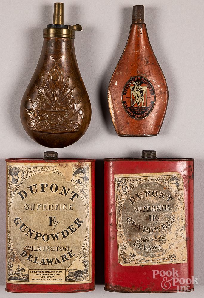 Appraisal: Two Dupont powder tins and powder flask two other flasks