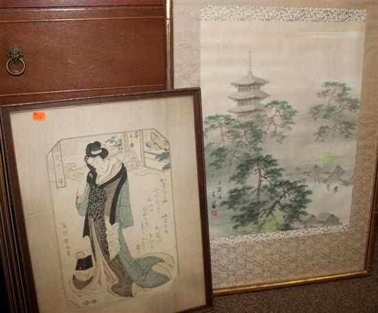 Appraisal: Chinese watercolor on silk depicting a village and a Japanese