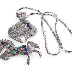 Appraisal: Navajo Sterling Silver Horse and Buffalo Pins Pendants with Inlay