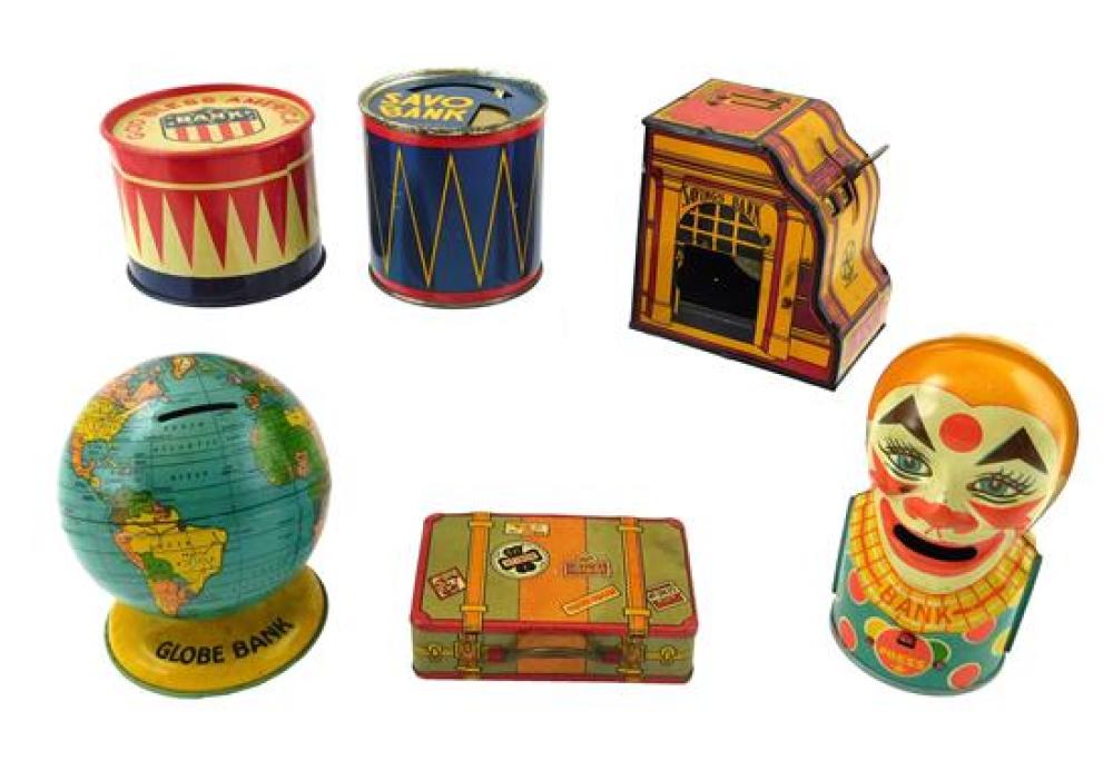 Appraisal: Six tin mechanical and still banks with polychrome lithograph decoration