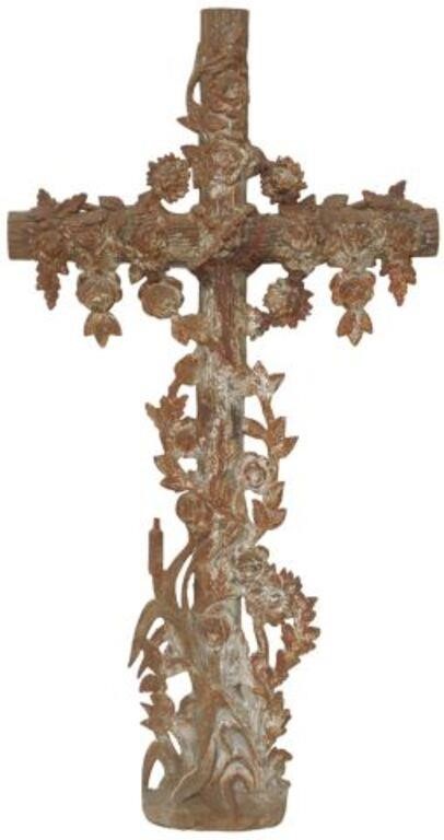 Appraisal: French cast iron cross th c faux bois cross adorned