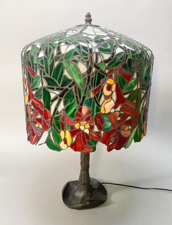 Appraisal: Long domed leaded glass lampshade with variegated tree branches terminating