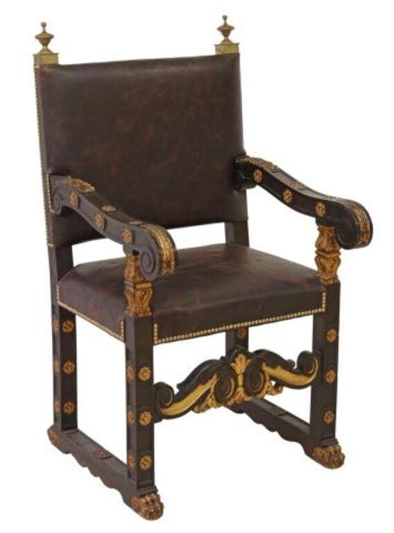 Appraisal: Baroque style ebonized armchair th c gilt-metal finials back and