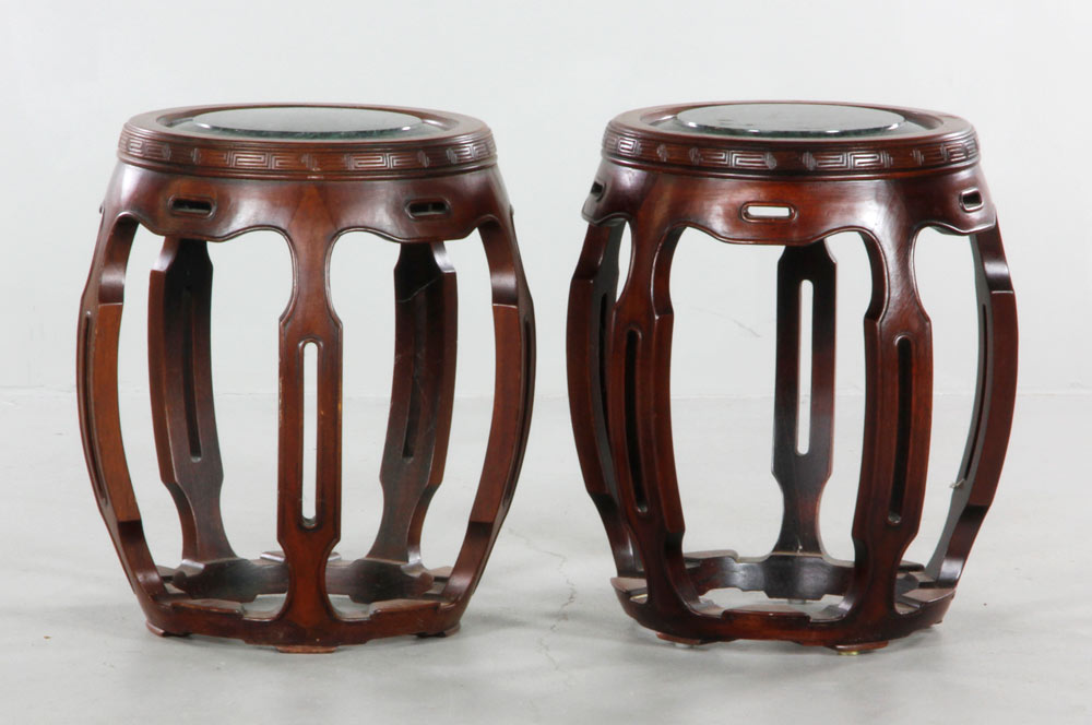 Appraisal: - Pr Chinese Carved Rosewood Barrels Pair of Chinese carved