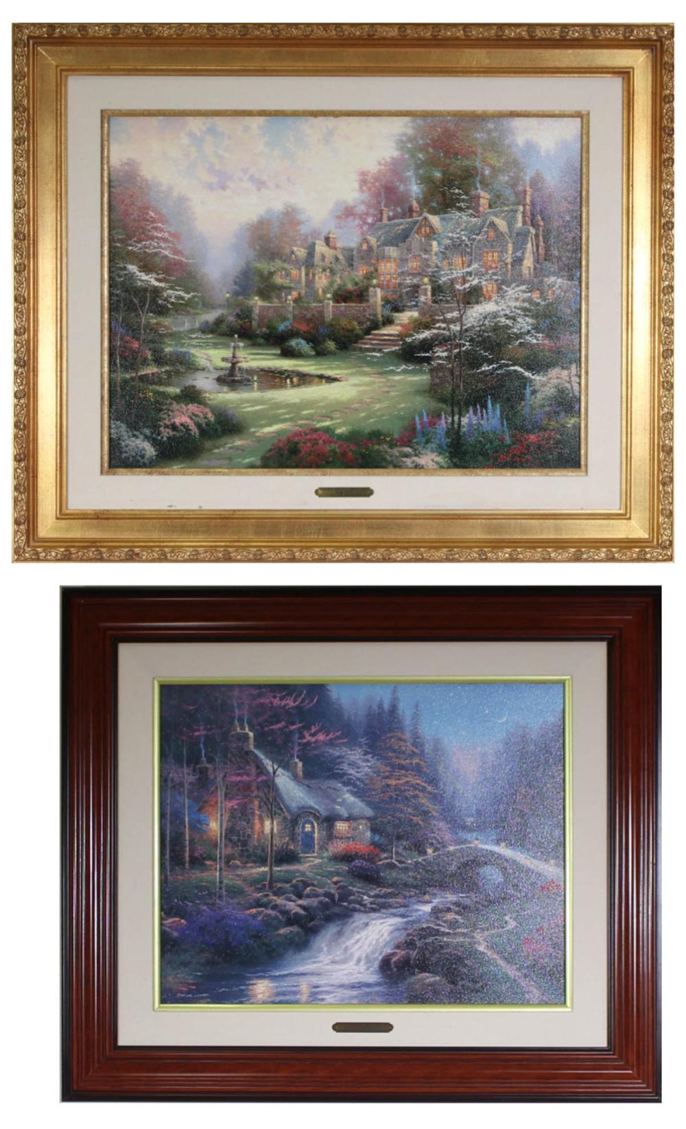 Appraisal: TWO THOMAS KINKADE EMBELLISHED PRINTS ON CANVAS Twilight Cottage and