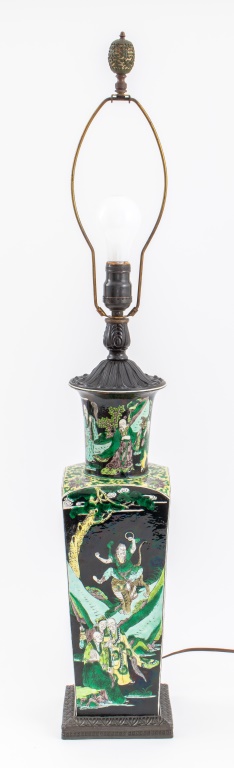 Appraisal: CHINESE FAMILLE NOIR PORCELAIN VASE MOUNTED LAMP Chinese famille noir