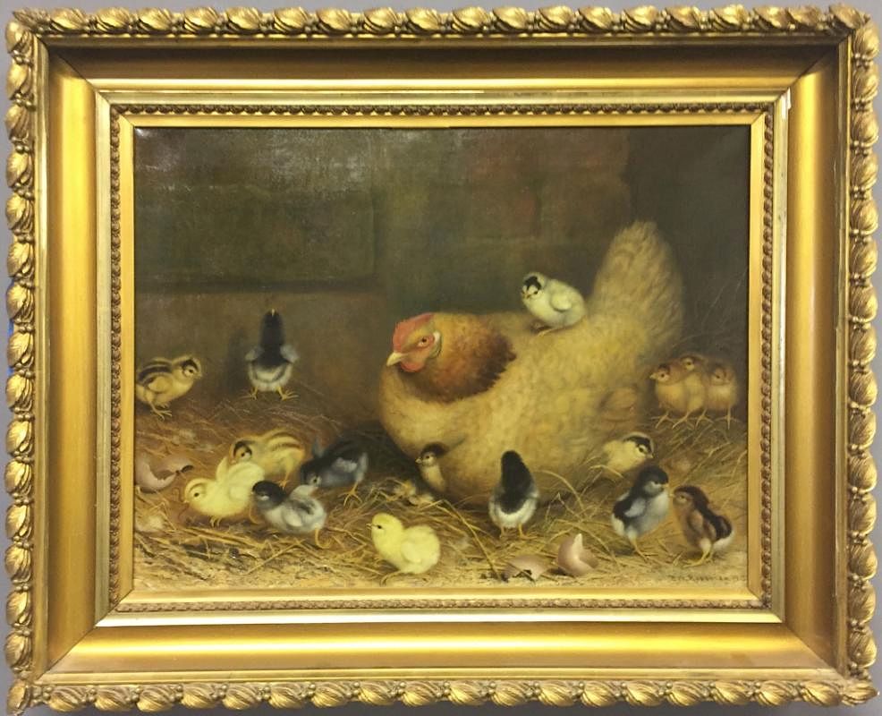 Appraisal: Ben Austrian Oil on Canvas Hen with Sixteen Chicks Ben