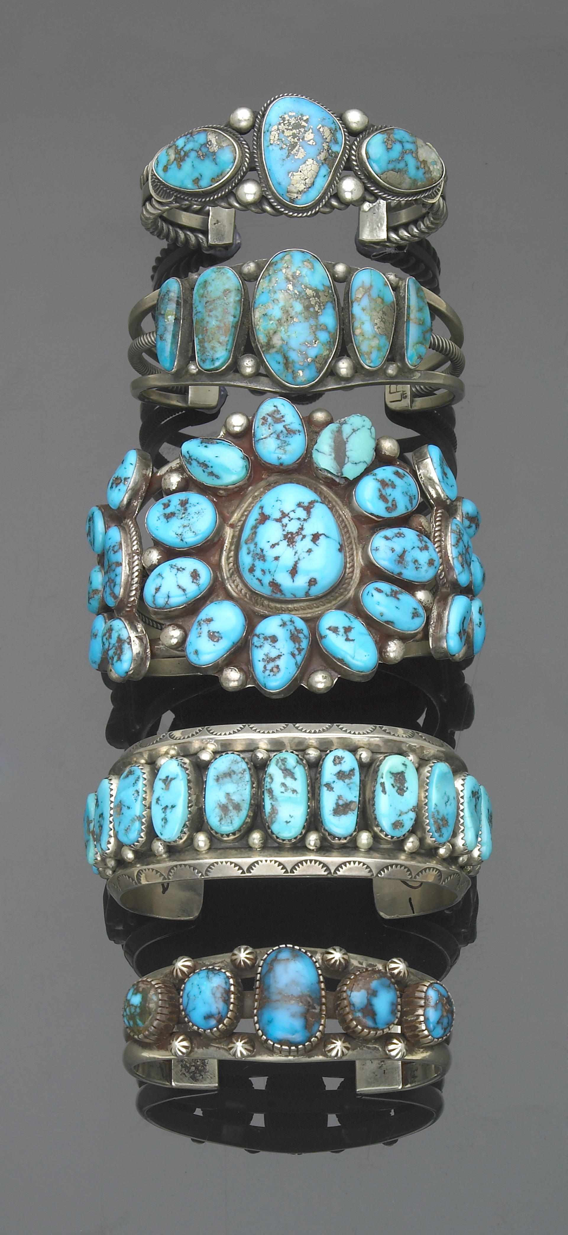 Appraisal: Group of Five Native American Turquoise and Silver Bangle Bracelets