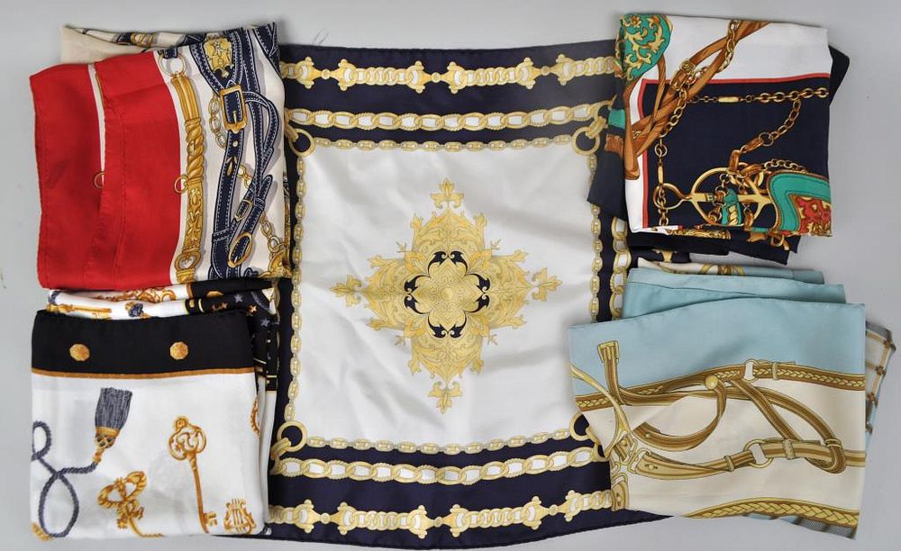 Appraisal: Group Five Ladies' Silk Scarves all unbranded Horse tack motifs