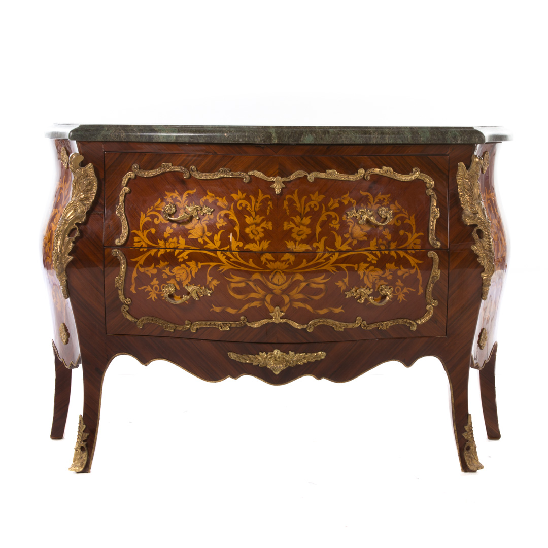 Appraisal: Louis XV style inlaid kingwood marble top commode th century