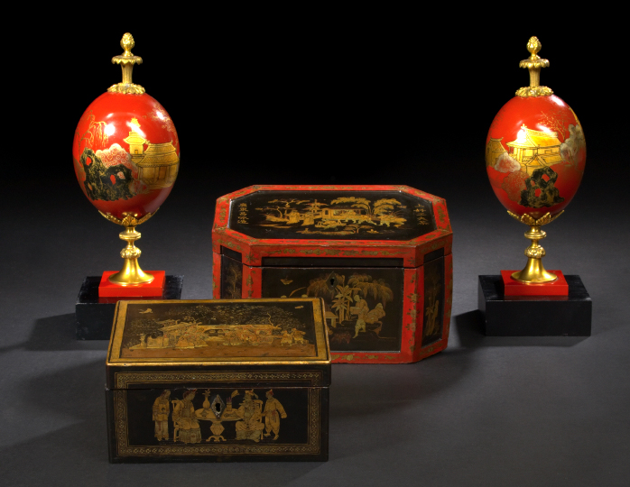 Appraisal: Chinese Export Scarlet-Bordered and Parcel-Gilt Black Lacqueur Octagonal Double-Compartment Teabox