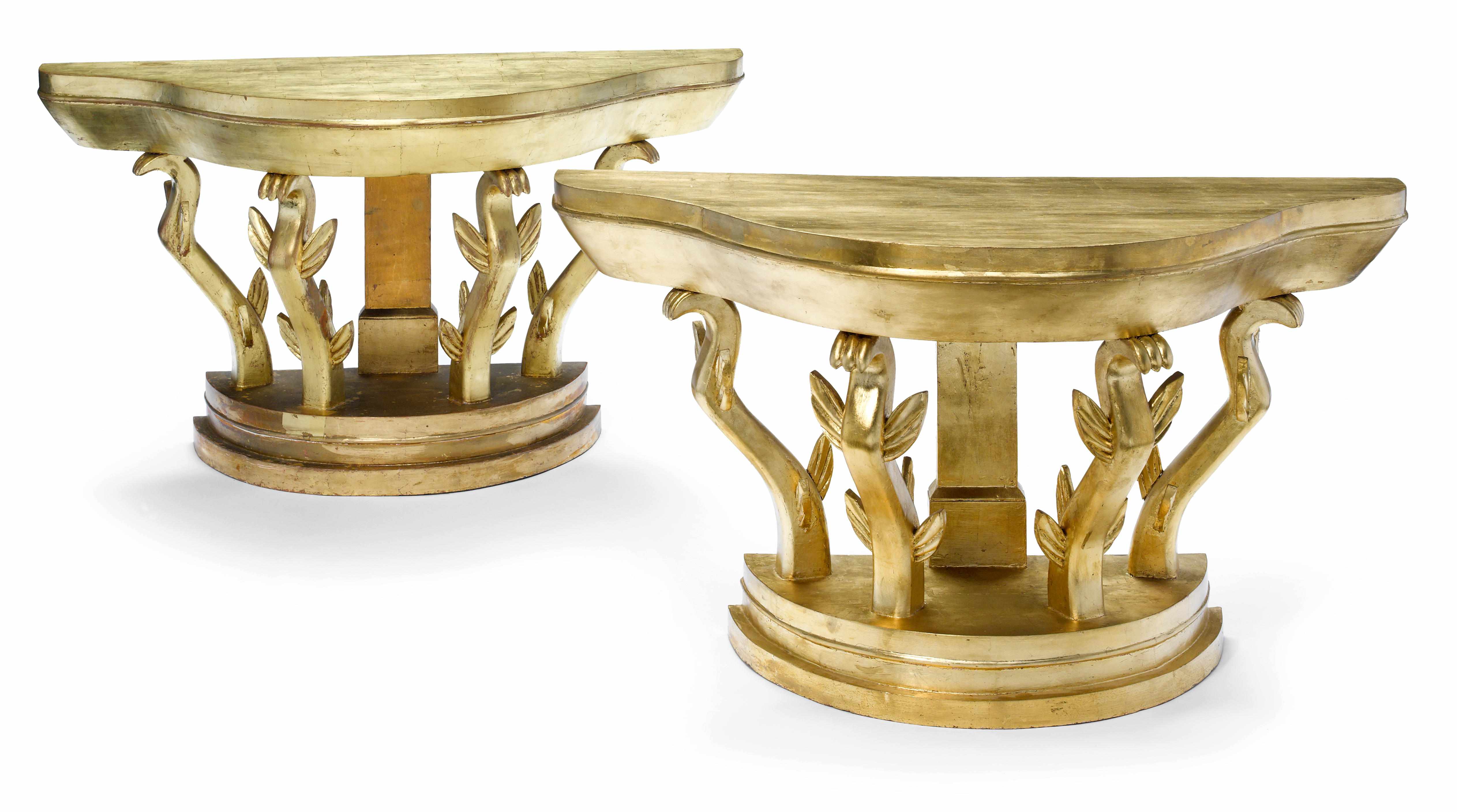 Appraisal: A gold leafed wood demilune console table attributed to the