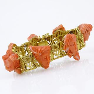 Appraisal: Vintage Carved Coral and Karat Yellow Gold Bracelet Set with