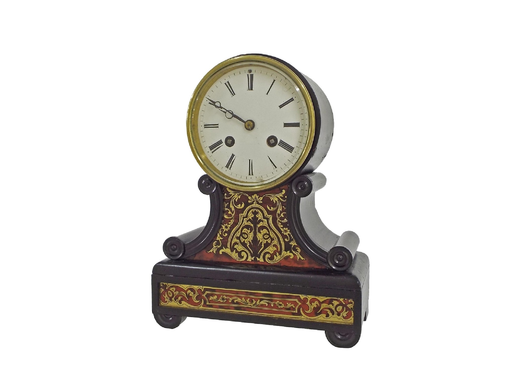 Appraisal: French boulle and ebonised drumhead two train mantel clock the