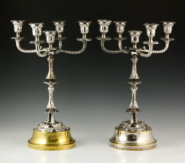 Appraisal: - Pair of Sheffield Plated Candelabras Pair of Sheffield plated