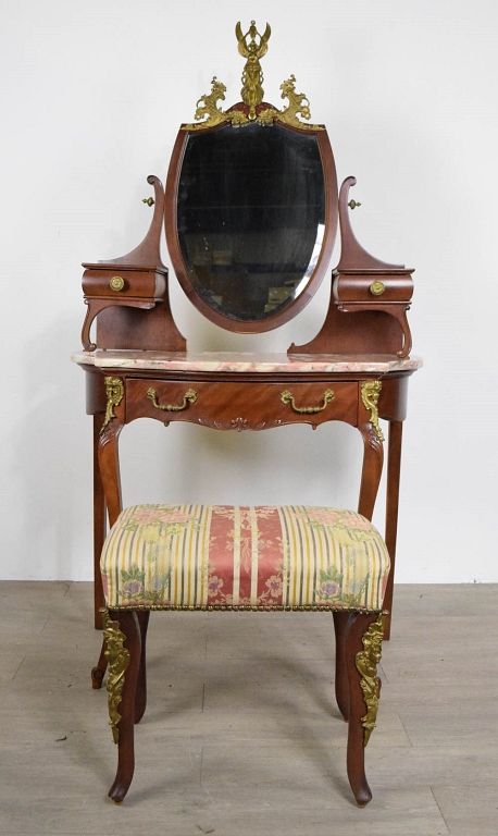 Appraisal: French Louis XVI Walnut Dressing Table with Bench French Louis