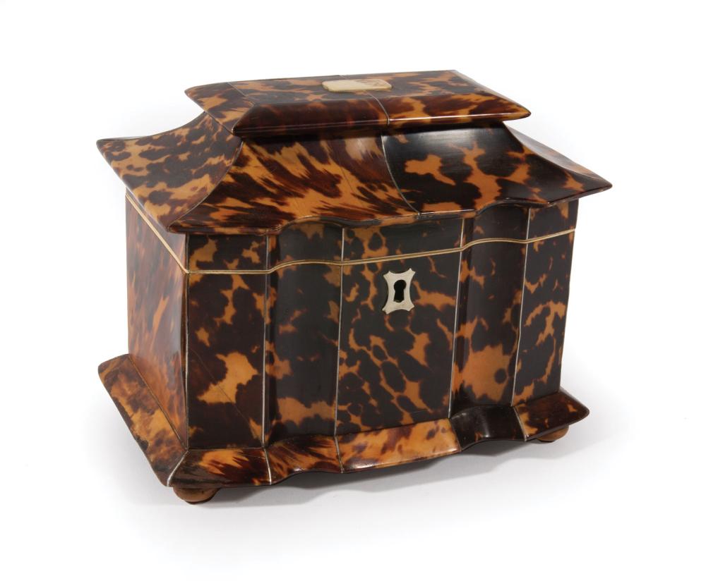 Appraisal: Antique English Tortoiseshell and Inlaid Sarcophagus-Form Tea Caddy mid- th