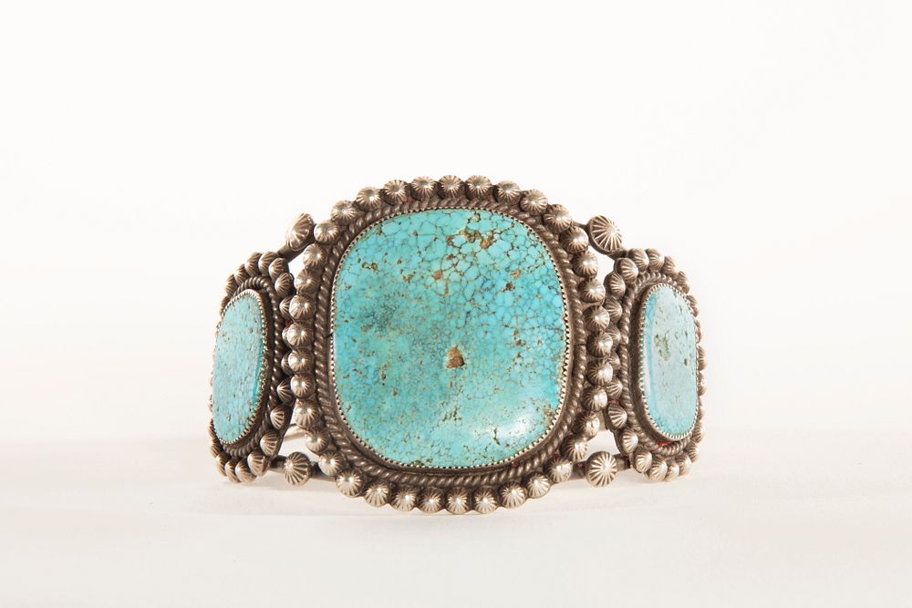 Appraisal: A Navajo Three Stone Natural Turquoise and Silver Cuff ca