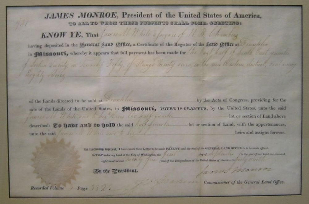 Appraisal: MONROE JAMES Partly-printed vellum Document Signed as President land deed