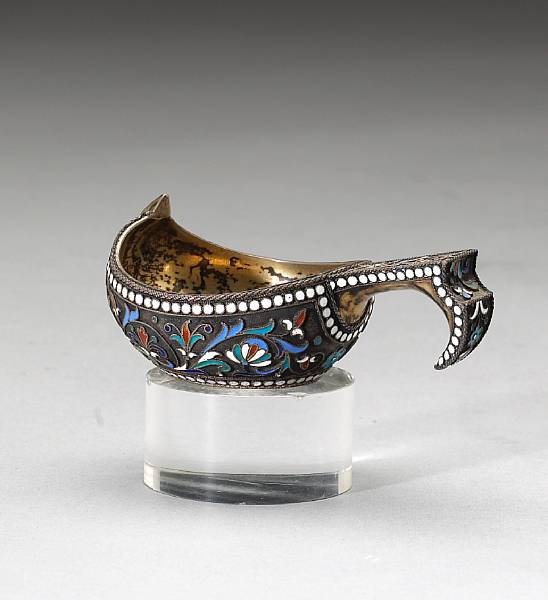 Appraisal: A Russian standard silver-gilt and enamel kovshi th Artel circa