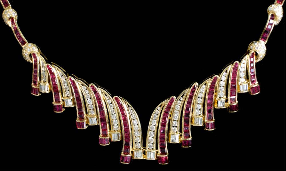 Appraisal: K YELLOW GOLD RUBY DIAMOND BAGUETTE NECKLACE K yellow gold