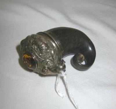 Appraisal: A SMALL SCOTTISH HORN SNUFF MULL the silver mounted hinged