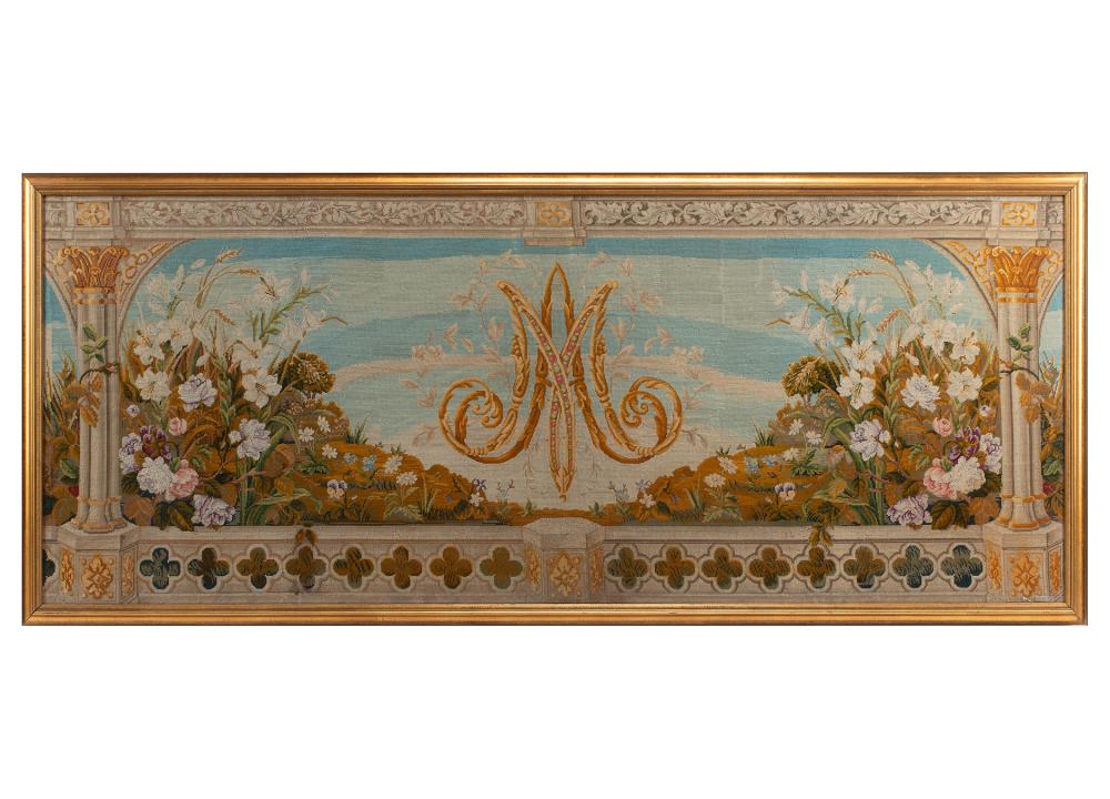 Appraisal: Large French Needlepoint depicting a garden view from a balcony