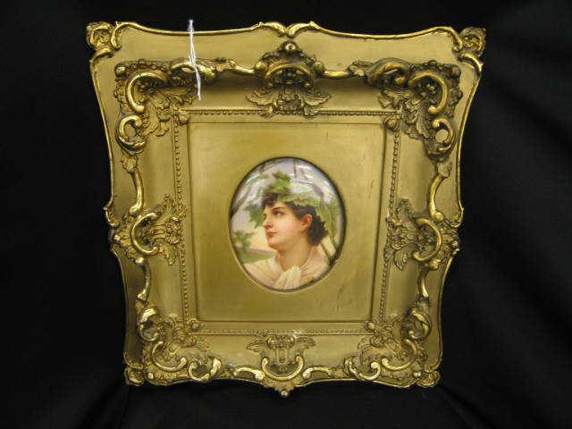 Appraisal: Victorian Painting on Porcelain Italian Boy x oval elaborate victorian