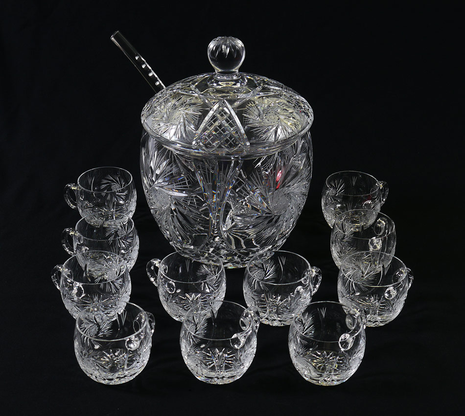 Appraisal: CUT CRYSTAL PUNCH BOWL WITH CUPS LADLE Unmarked as to